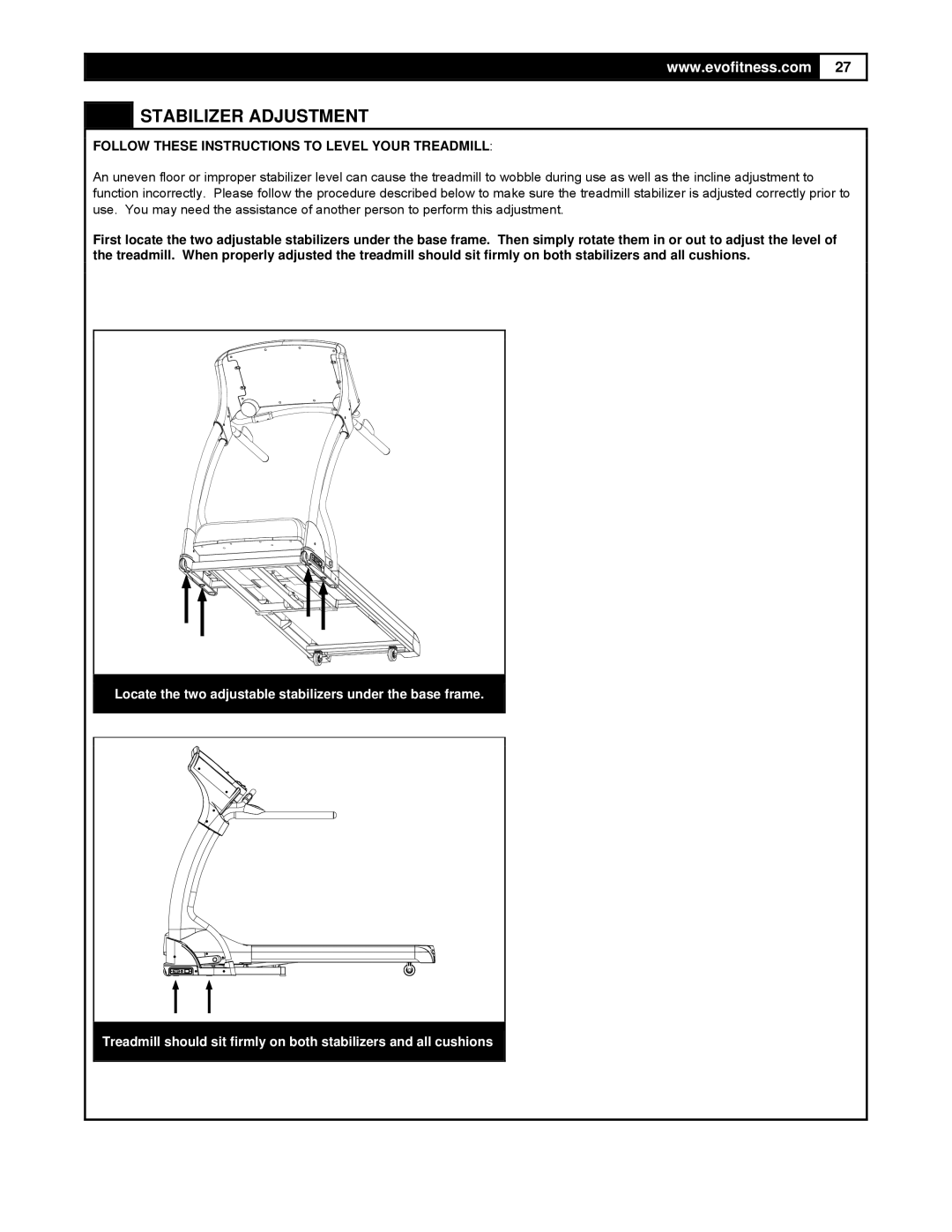 Smooth Fitness FX25 user manual Stabilizer Adjustment, Follow These Instructions to Level Your Treadmill 