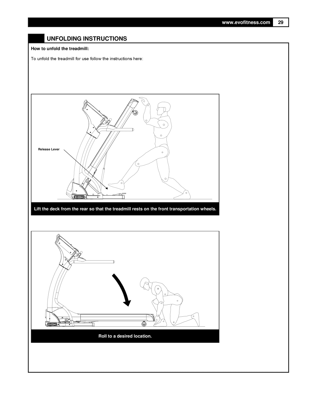 Smooth Fitness FX25 user manual Unfolding Instructions, How to unfold the treadmill 