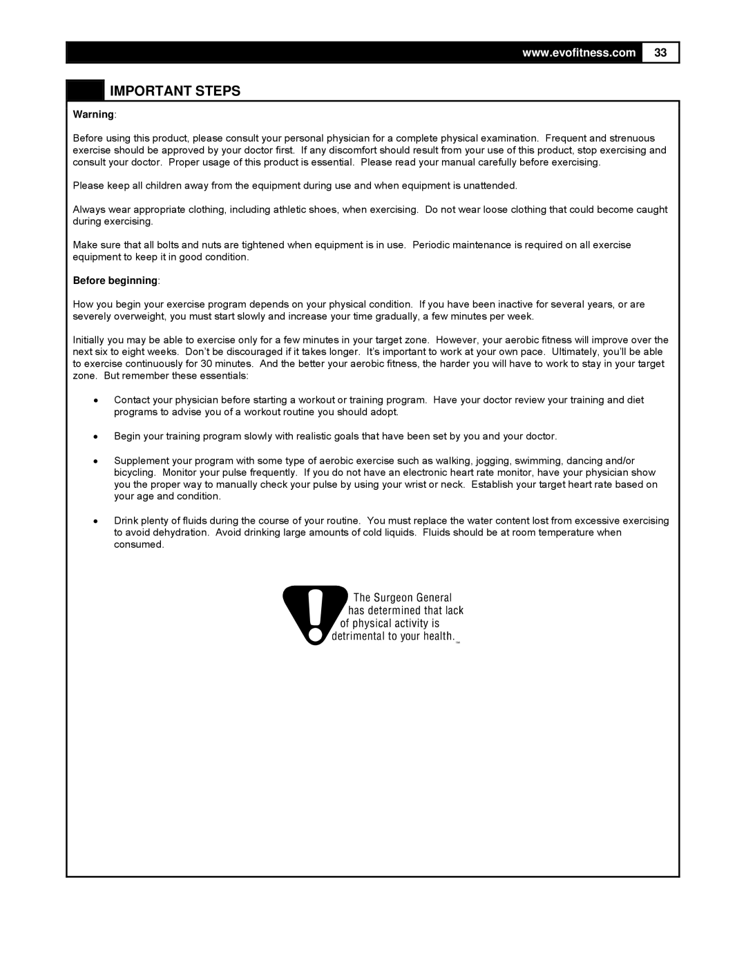 Smooth Fitness FX25 user manual Important Steps, Before beginning 