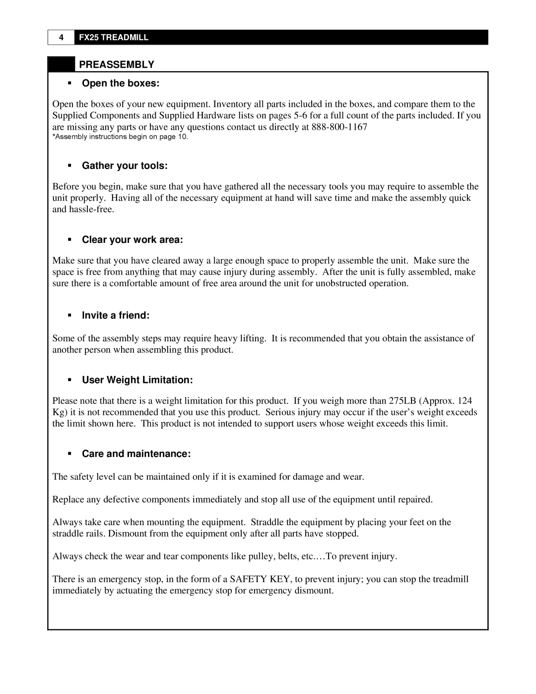 Smooth Fitness FX25 user manual Preassembly 