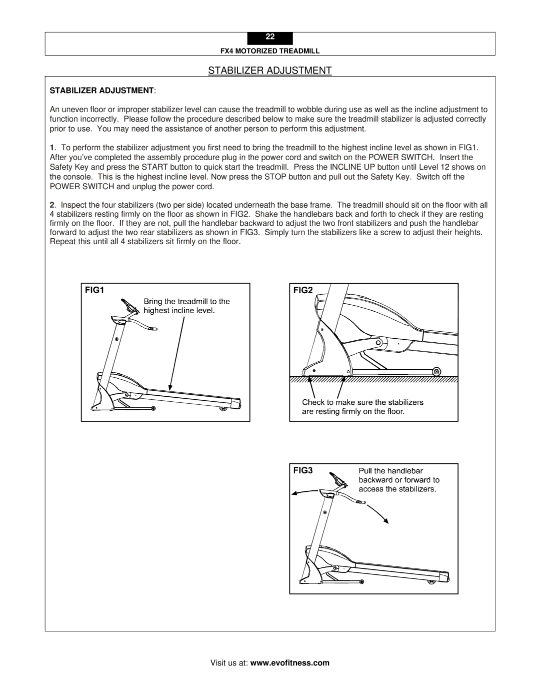 Smooth Fitness FX4 user manual Stabilizer Adjustment 