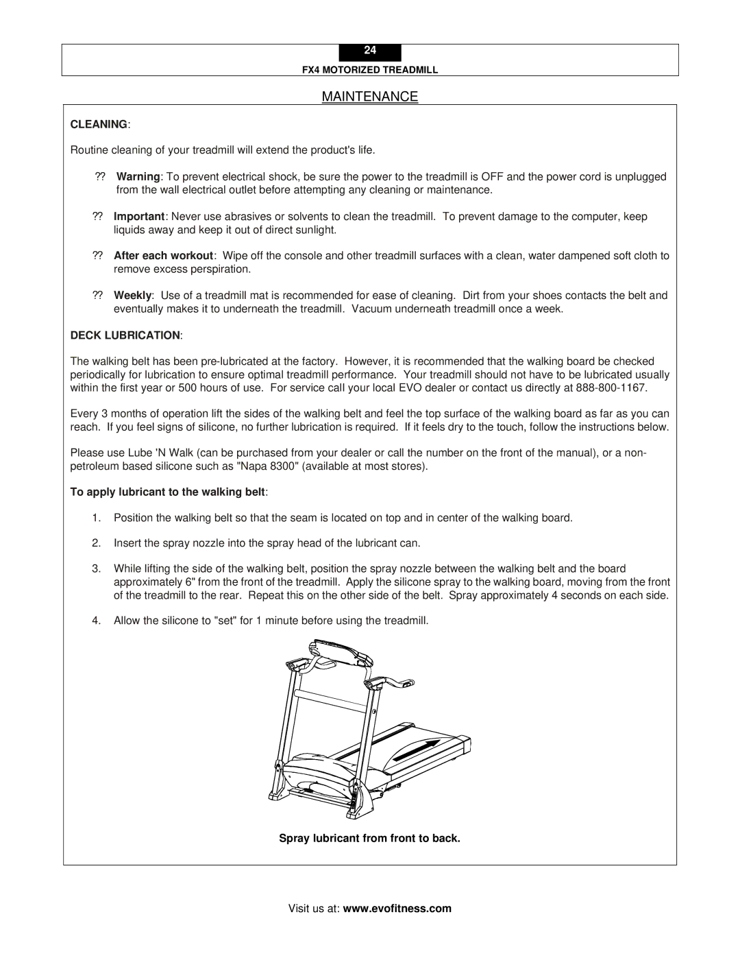 Smooth Fitness FX4 user manual Cleaning, To apply lubricant to the walking belt 