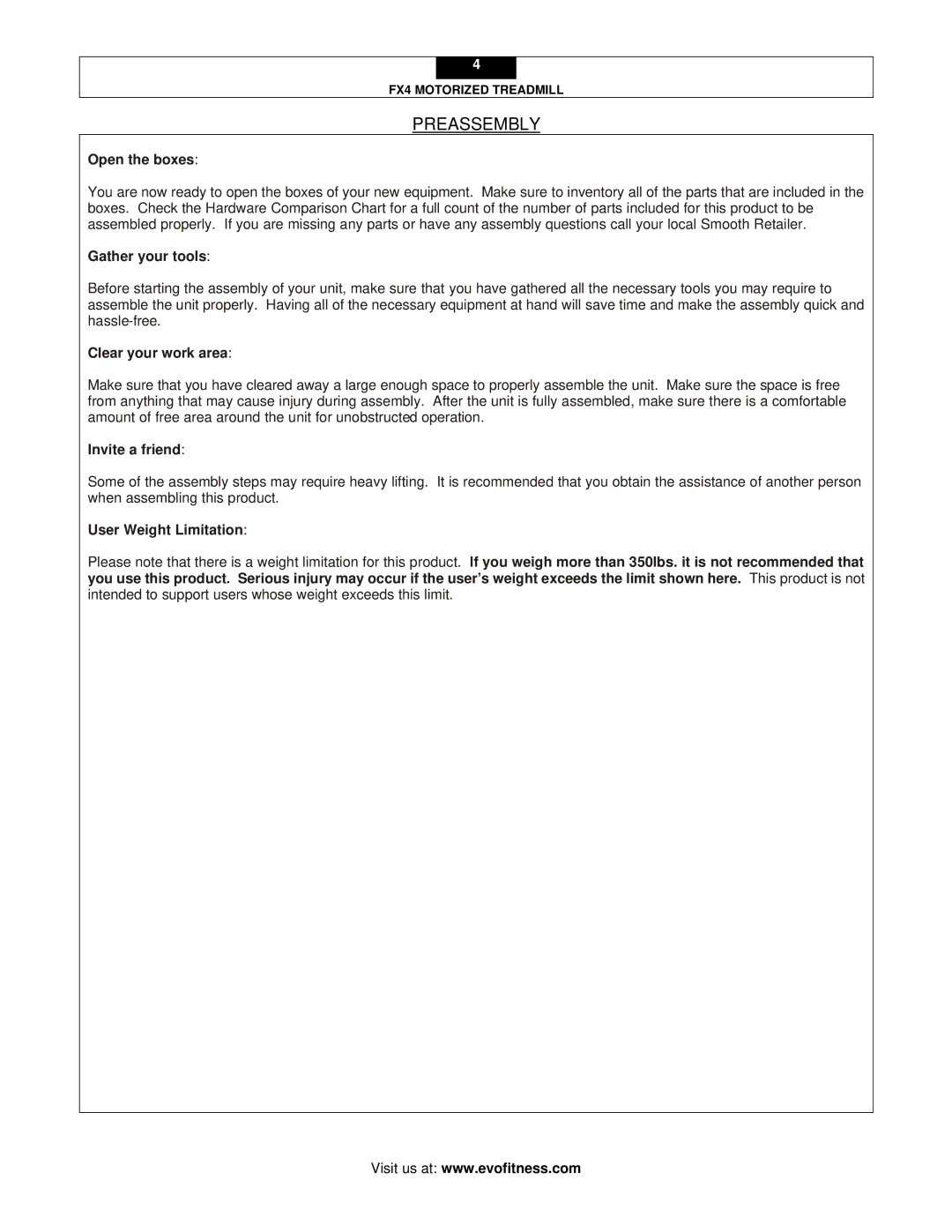 Smooth Fitness FX4 user manual Preassembly 