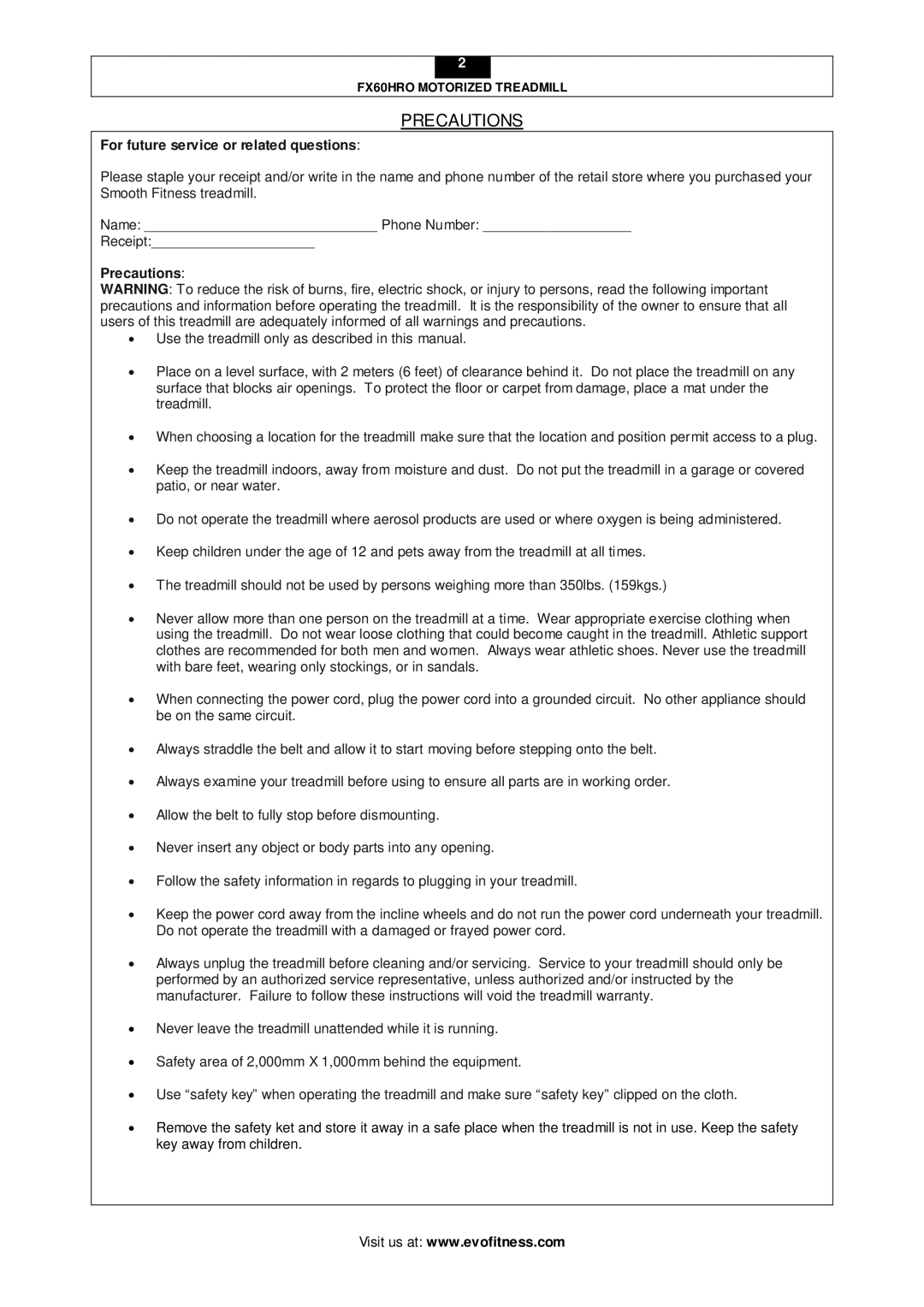 Smooth Fitness FX60HRO user manual Precautions, For future service or related questions 