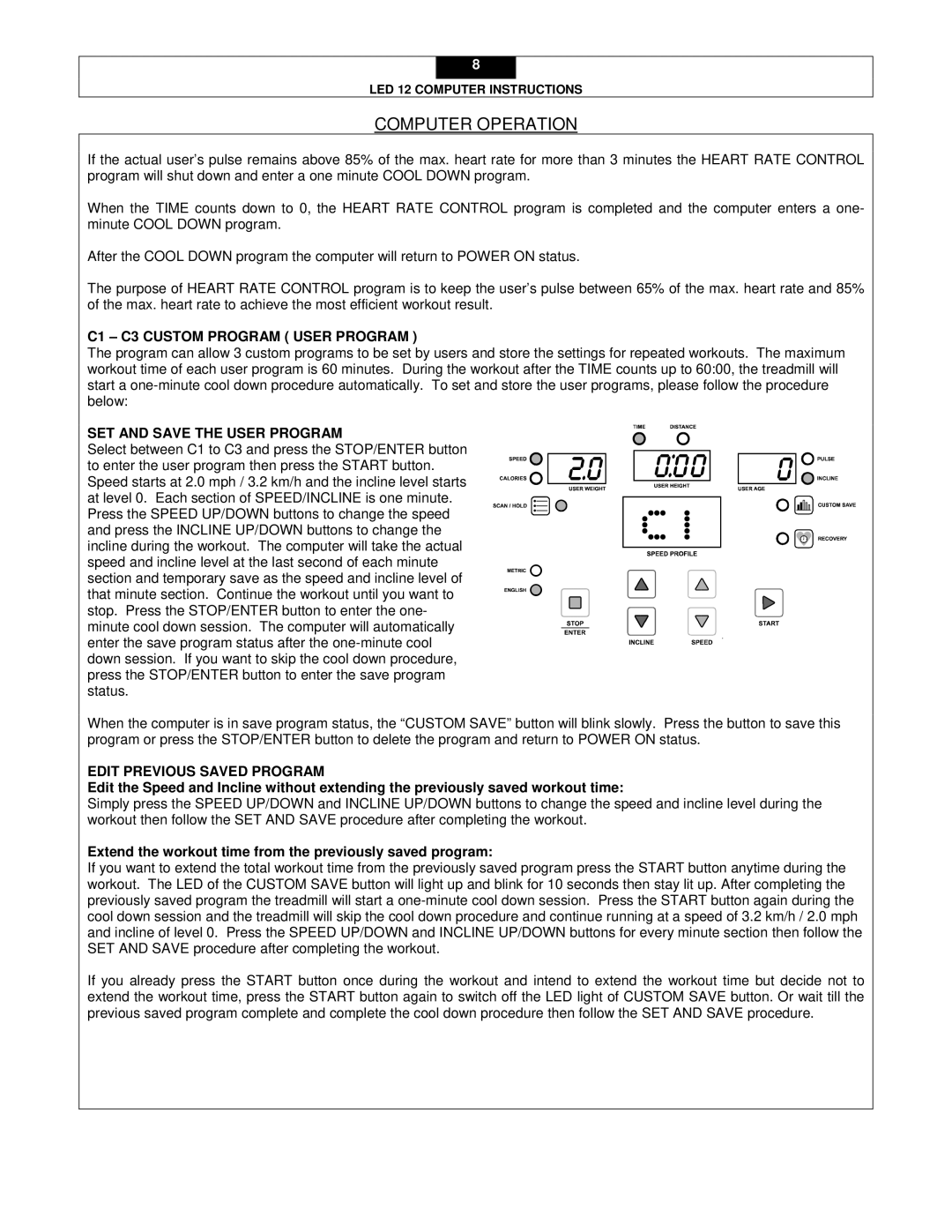 Smooth Fitness LED 12 C1 C3 Custom Program User Program, SET and Save the User Program, Edit Previous Saved Program 