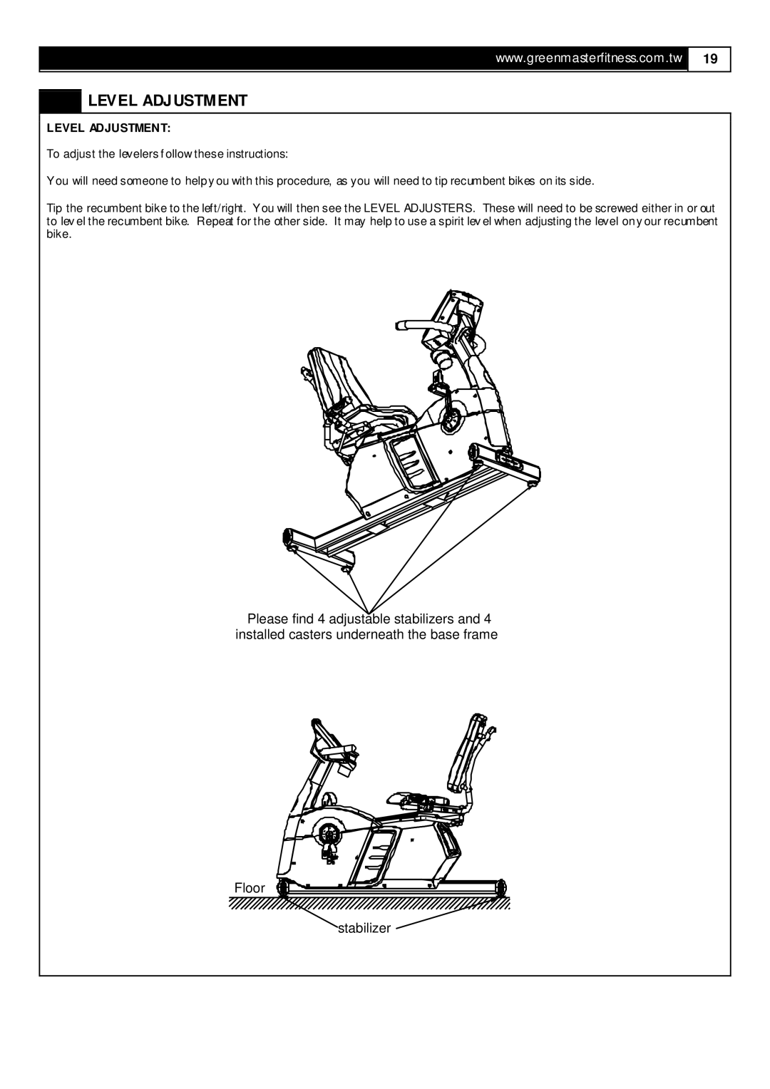 Smooth Fitness RB5 user manual Level Adjustment 