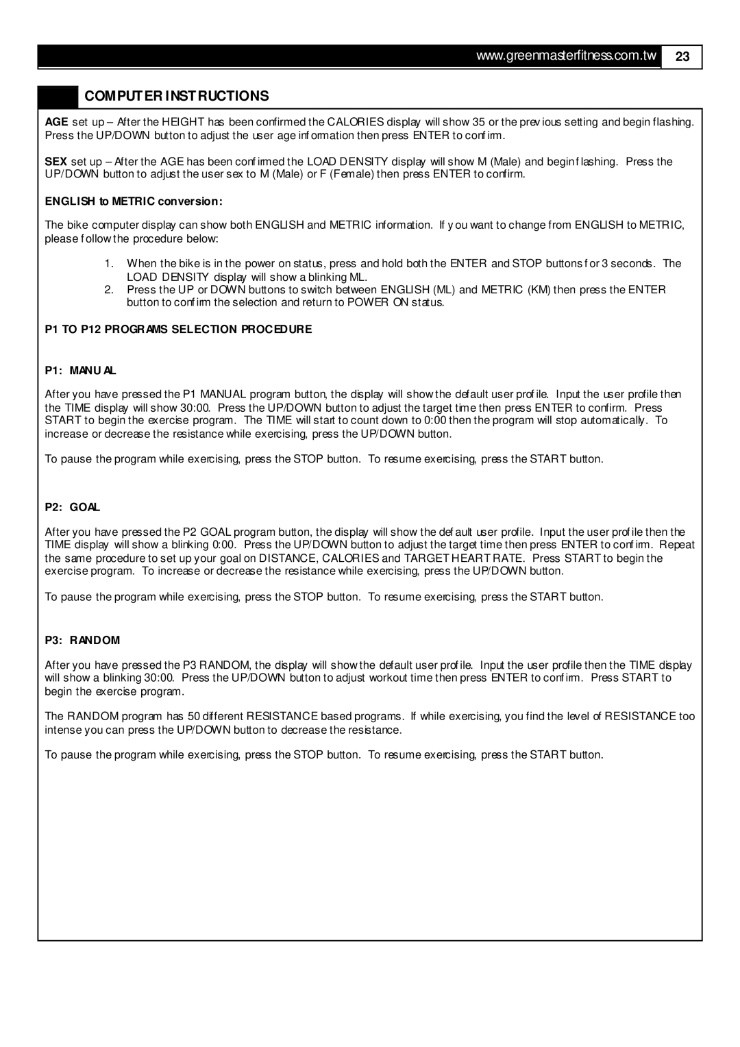 Smooth Fitness RB5 user manual P1 to P12 Programs Selection Procedure P1 Manu AL, P2 Goal, P3 Random 