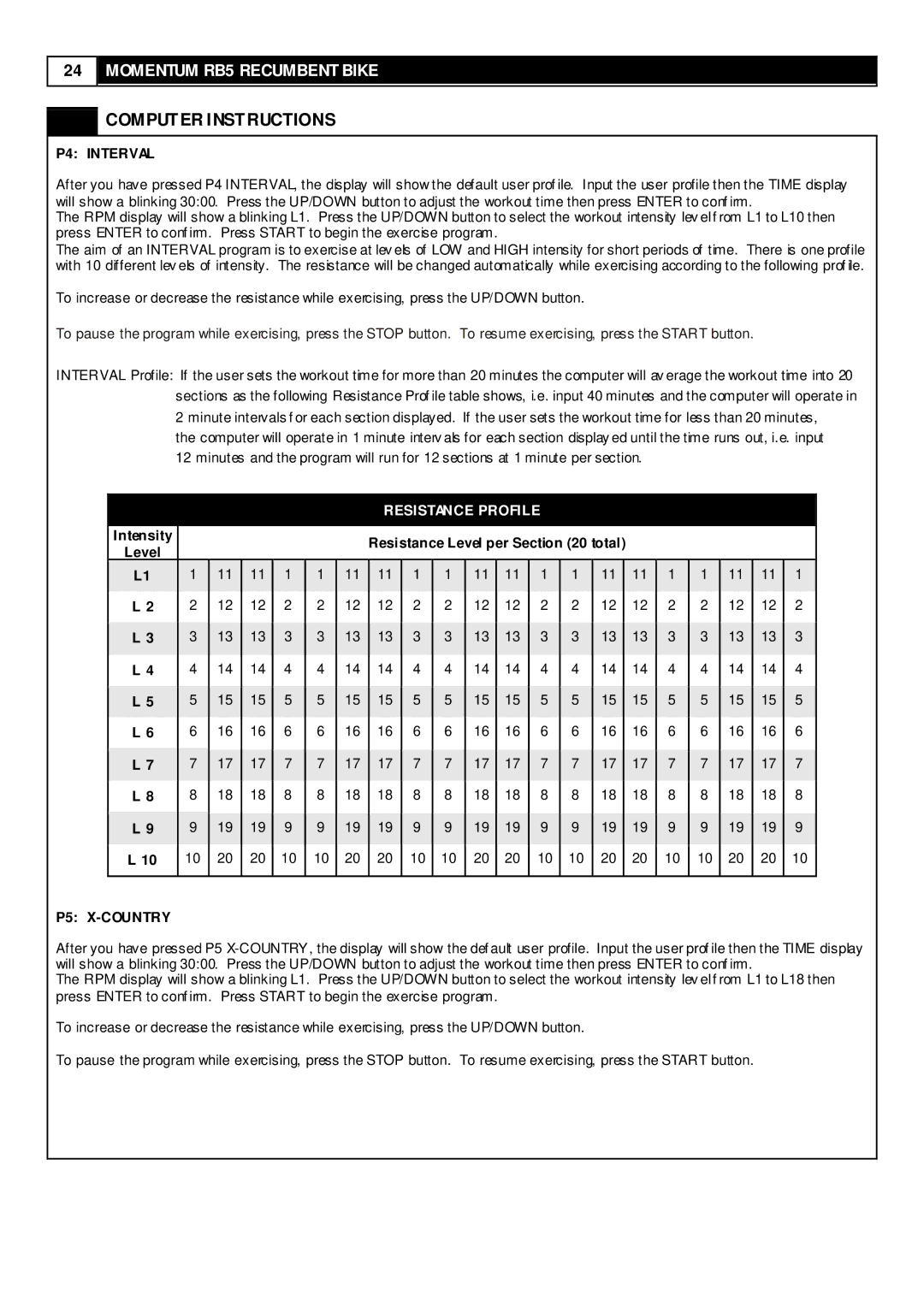 Smooth Fitness RB5 user manual P4 Interval, P5 X-COUNTRY 