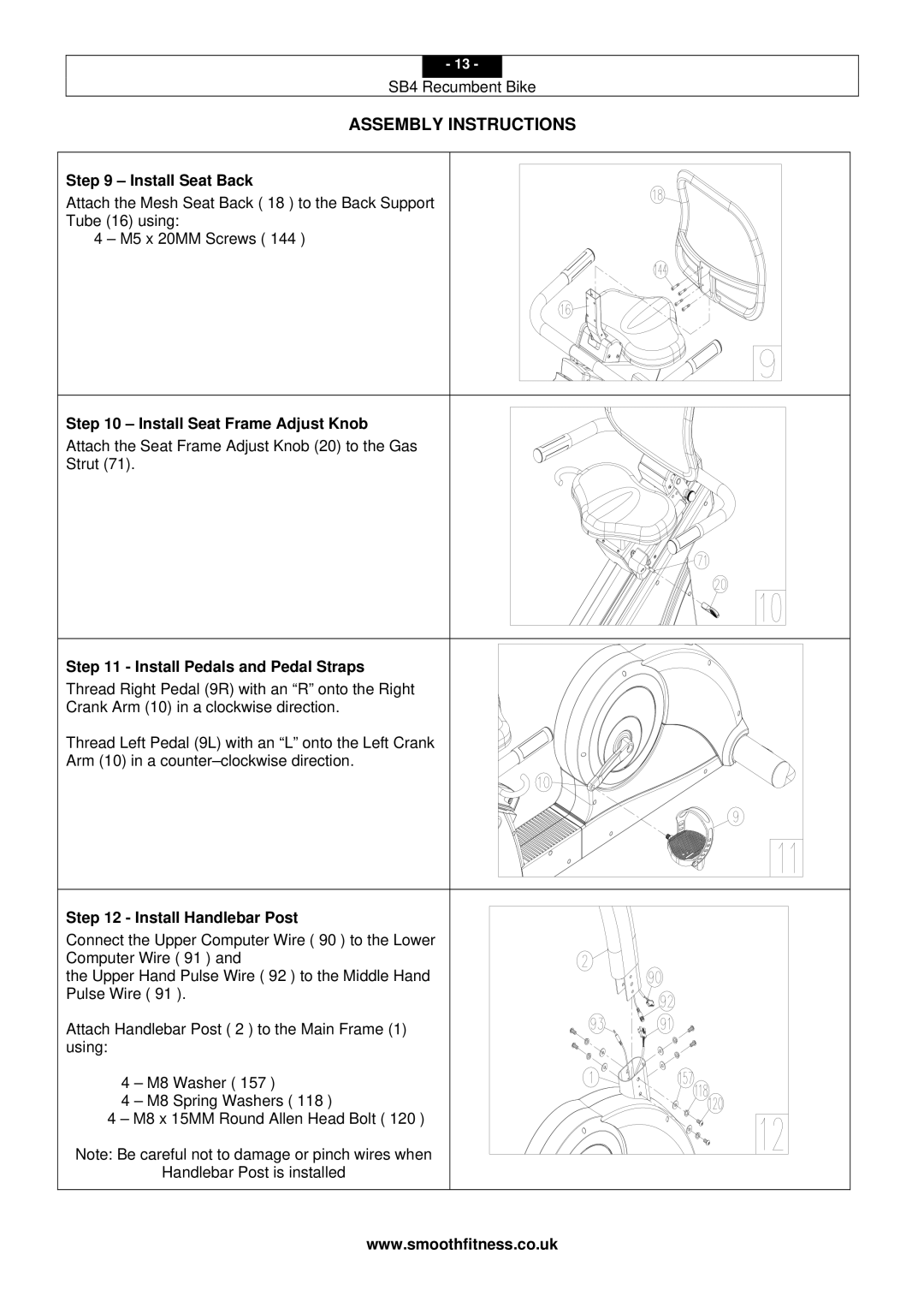 Smooth Fitness SB4 user manual Install Seat Back, Install Seat Frame Adjust Knob, Install Pedals and Pedal Straps 