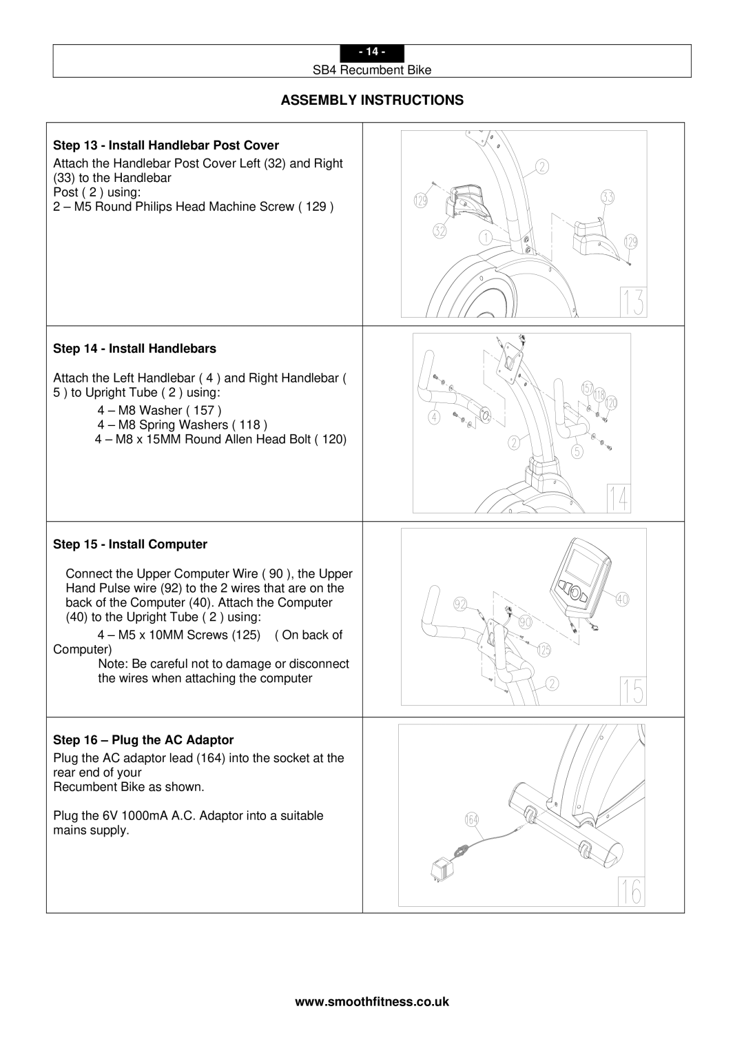 Smooth Fitness SB4 user manual Install Handlebar Post Cover, Install Handlebars, Install Computer, Plug the AC Adaptor 