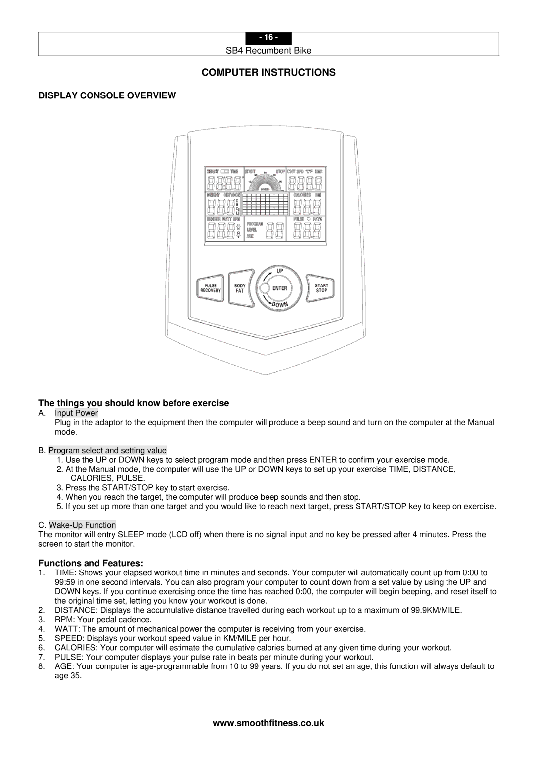 Smooth Fitness SB4 user manual Computer Instructions, Things you should know before exercise, Functions and Features 