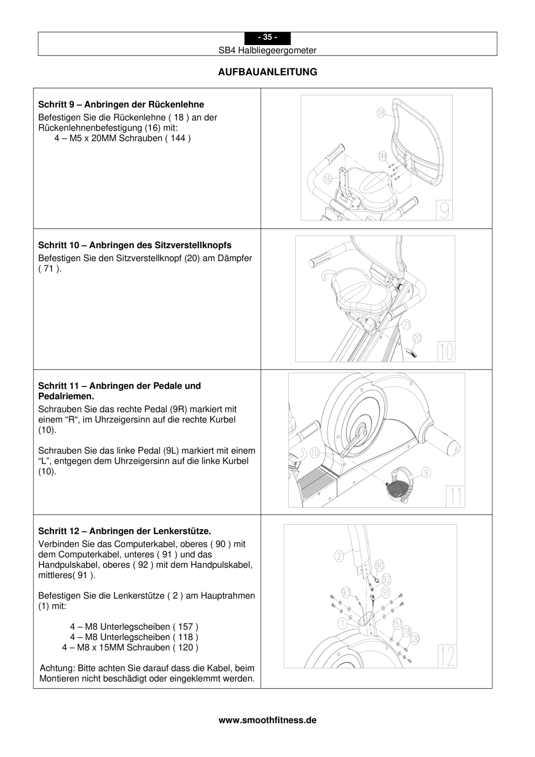 Smooth Fitness SB4 user manual Schritt 9 Anbringen der Rückenlehne, Schritt 10 Anbringen des Sitzverstellknopfs 