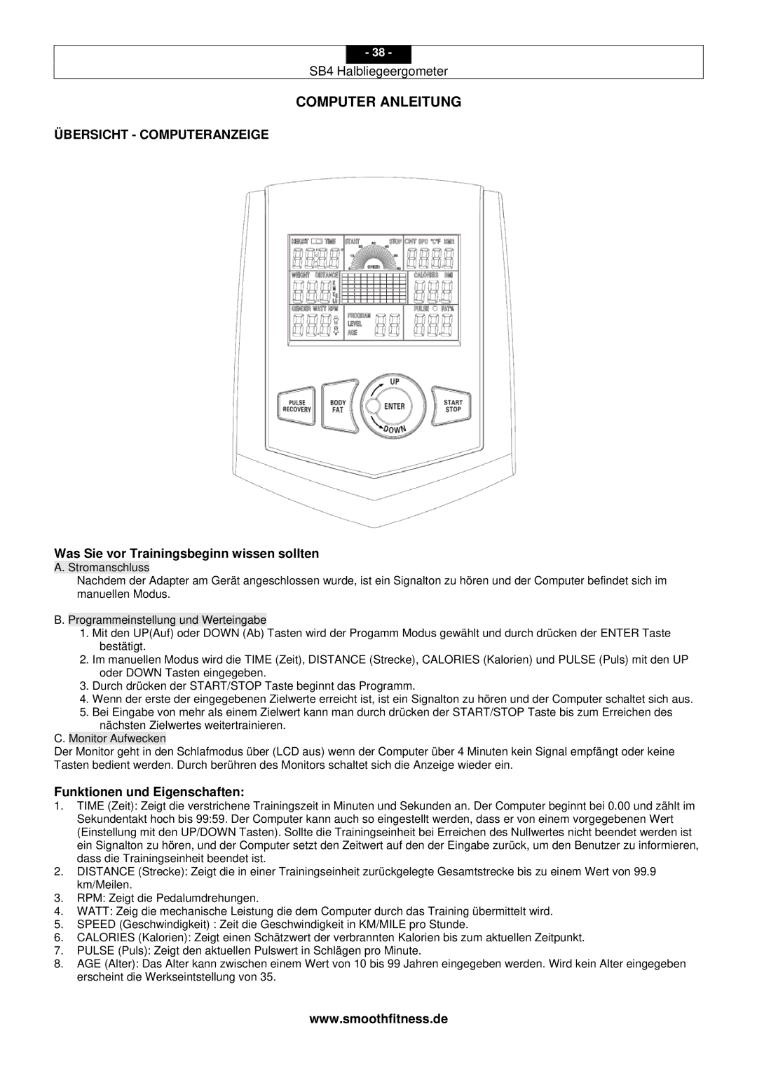 Smooth Fitness SB4 user manual Computer Anleitung, Was Sie vor Trainingsbeginn wissen sollten, Funktionen und Eigenschaften 