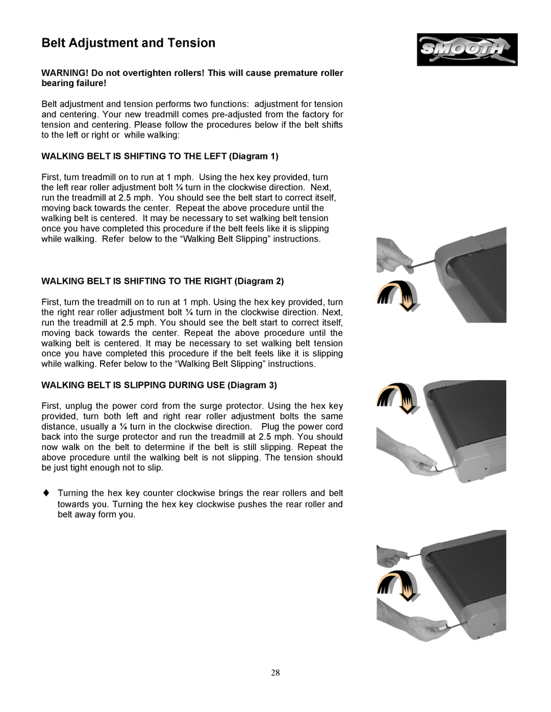 Smooth Fitness SM9.3HRAB, SM9.3P, SM9.3ST, SM9.3AB Belt Adjustment and Tension, Walking Belt is Shifting to the Left Diagram 