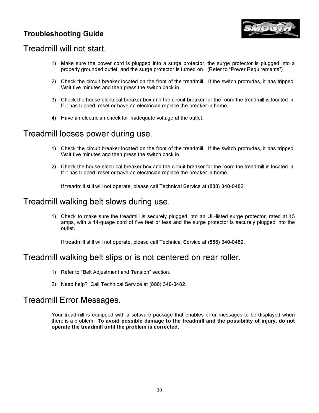 Smooth Fitness SM9.3P, SM9.3ST, SM9.3HRST, SM9.3AB, SM9.3HRAB owner manual Treadmill will not start, Troubleshooting Guide 