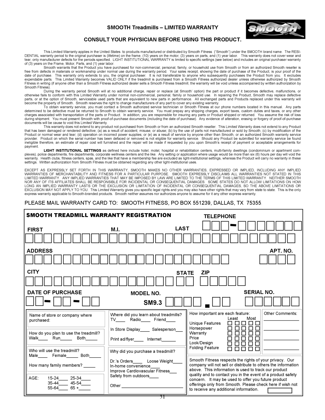 Smooth Fitness SM9.3ST, SM9.3P, SM9.3HRST, SM9.3AB, SM9.3HRAB owner manual 