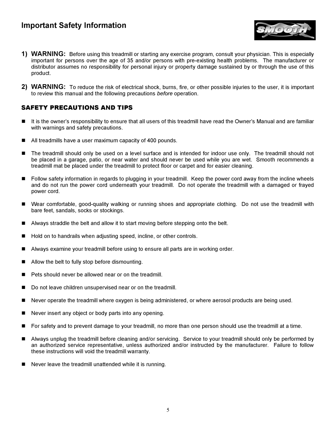 Smooth Fitness SM9.3P, SM9.3ST, SM9.3HRST, SM9.3AB, SM9.3HRAB Important Safety Information, Safety Precautions and Tips 