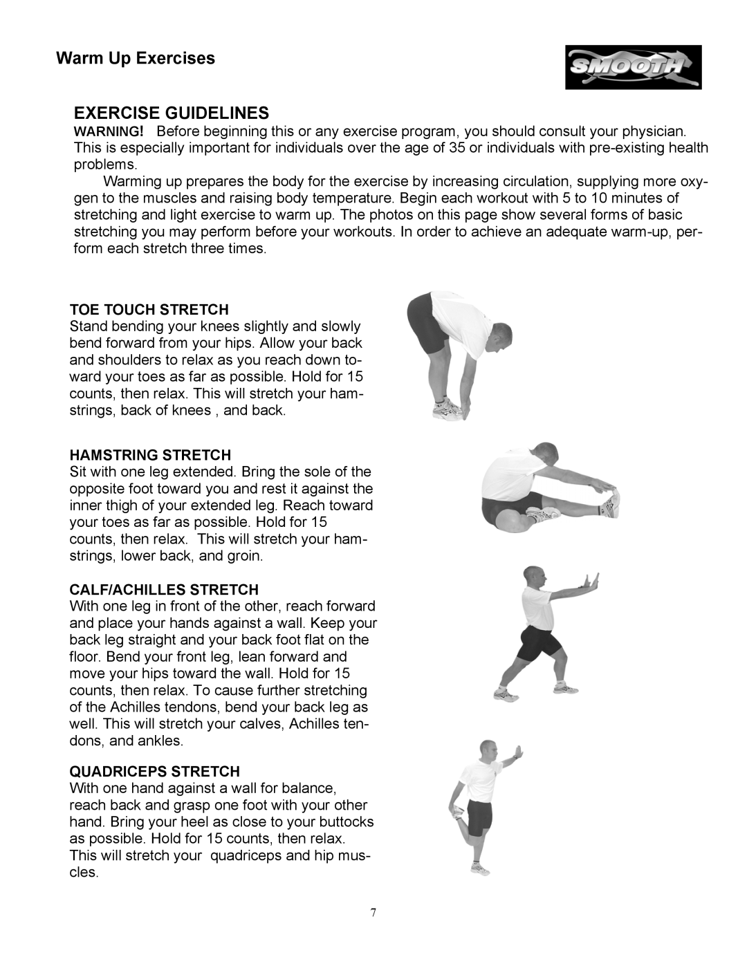 Smooth Fitness SM9.3ST, SM9.3P, SM9.3HRST, SM9.3AB, SM9.3HRAB owner manual Warm Up Exercises, Exercise Guidelines 