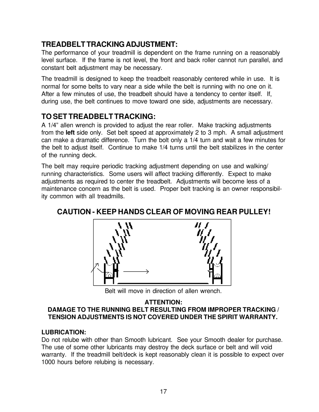 Smooth Fitness SMOOTH 9.6H owner manual Treadbelt Tracking Adjustment, Lubrication 