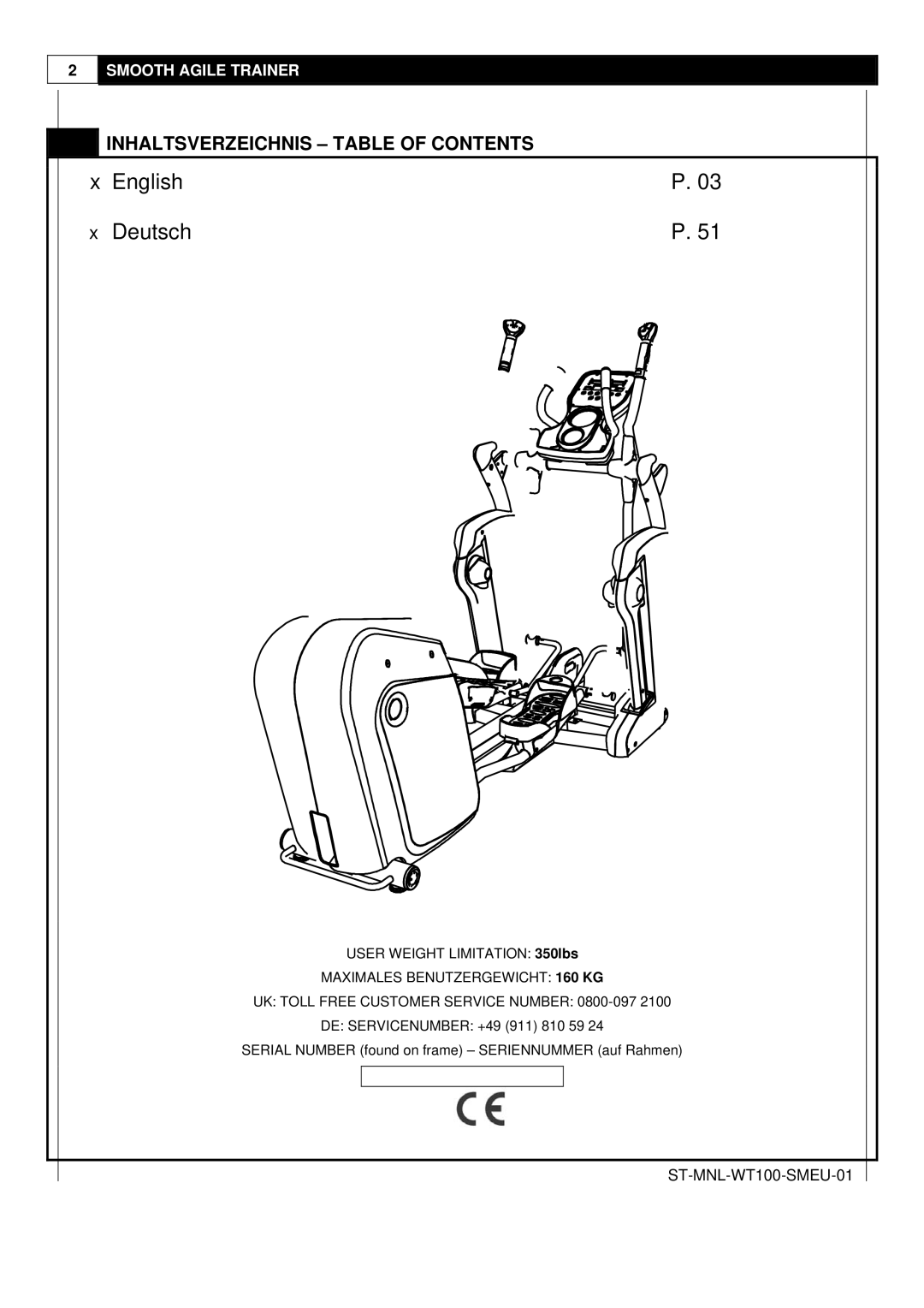 Smooth Fitness Smooth Agile Trainer user manual English Deutsch, Inhaltsverzeichnis Table of Contents 