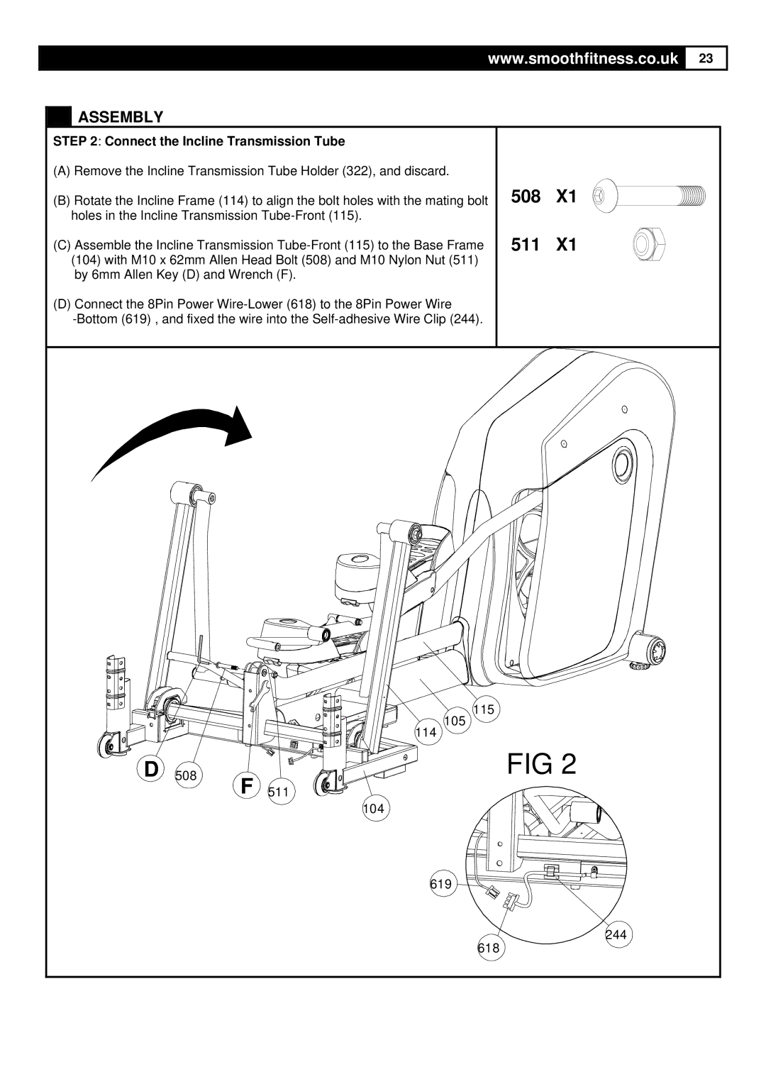 Smooth Fitness Smooth Agile Trainer user manual Connect the Incline Transmission Tube, 114 105, 508 511 104 619 618 244 