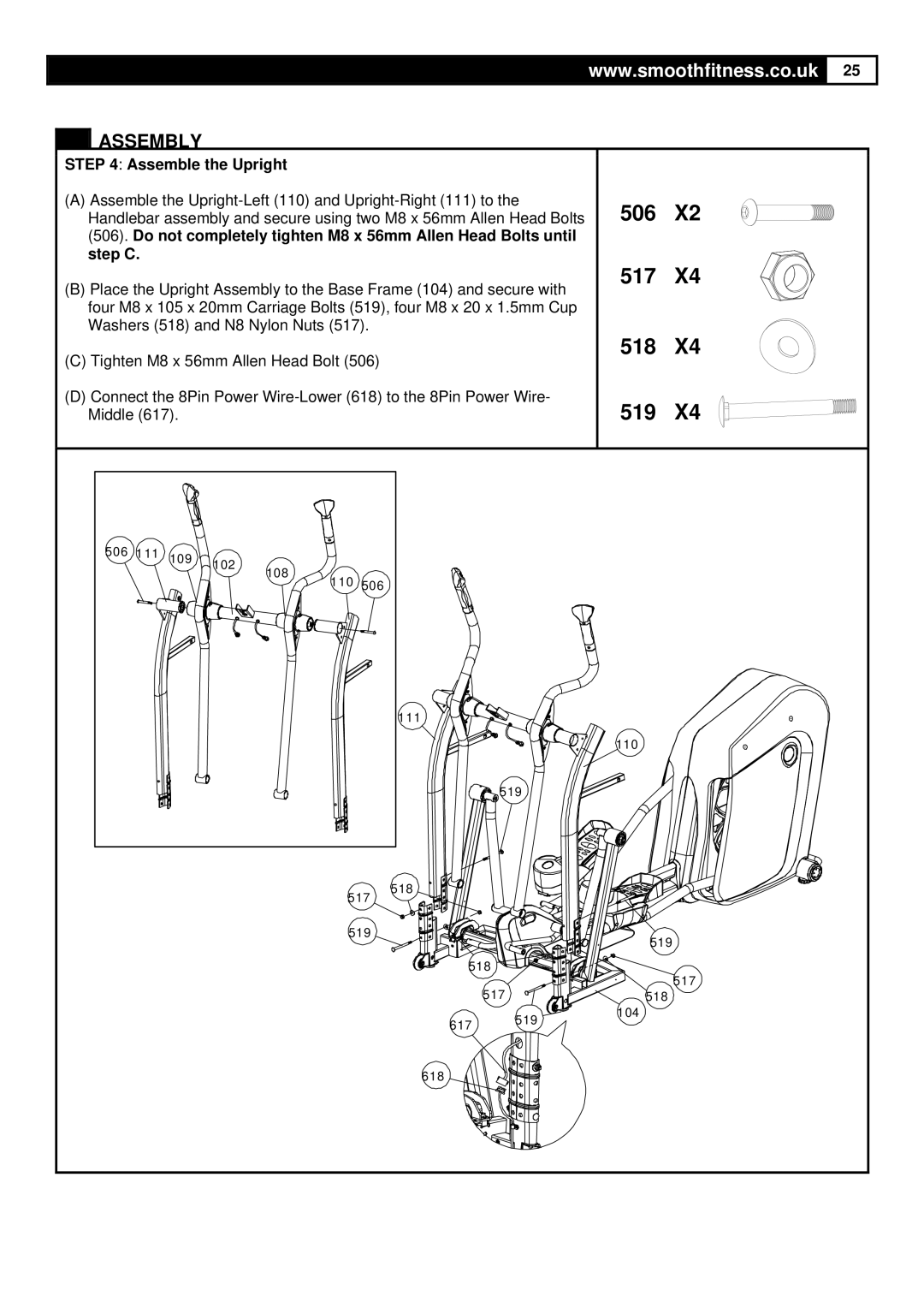 Smooth Fitness Smooth Agile Trainer user manual 506 517 518 519, Assemble the Upright 