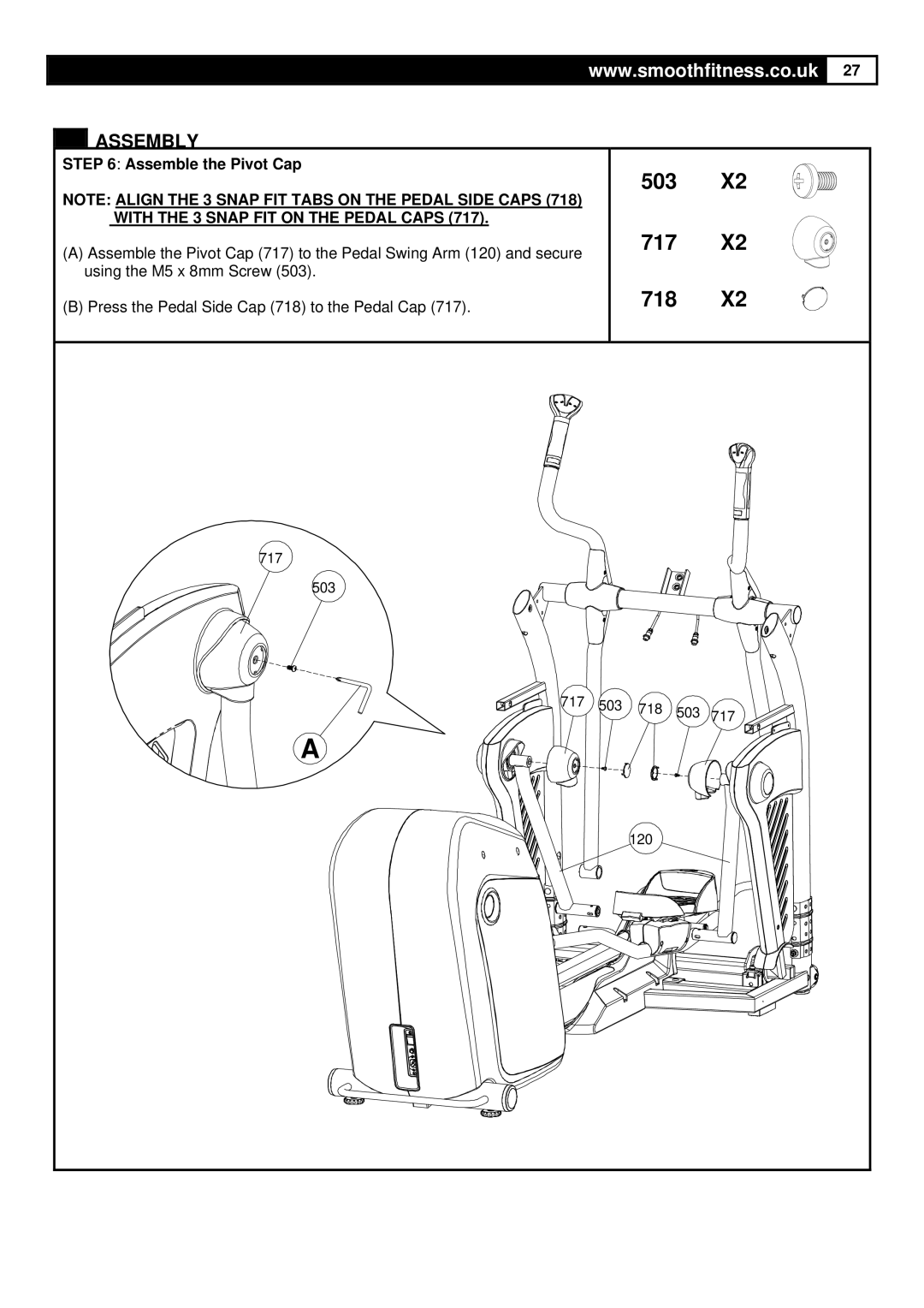 Smooth Fitness Smooth Agile Trainer user manual 503 717 718, Assemble the Pivot Cap, 717 503, 718 503 120 