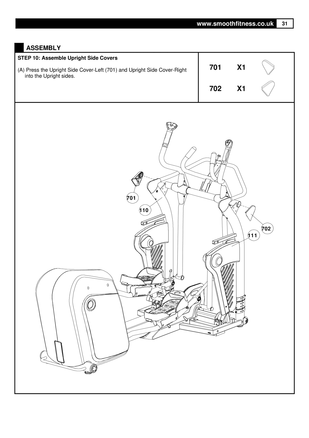 Smooth Fitness Smooth Agile Trainer user manual 701 702, Assemble Upright Side Covers, 701 110, 702 111 