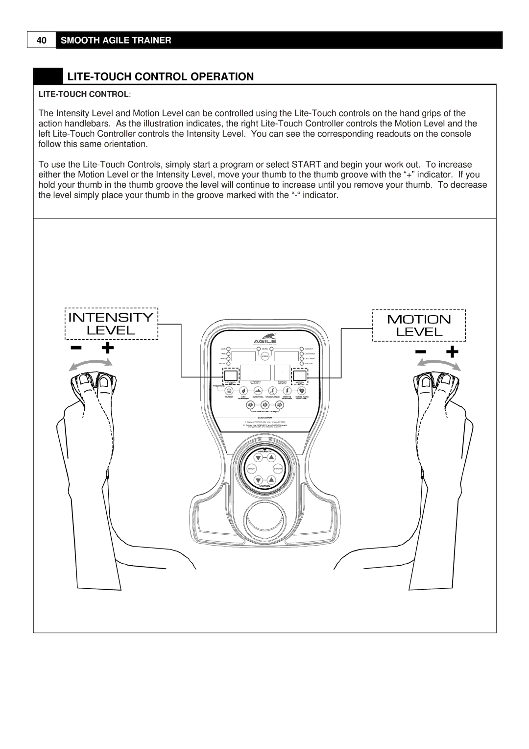 Smooth Fitness Smooth Agile Trainer user manual LITE-TOUCH Control Operation 