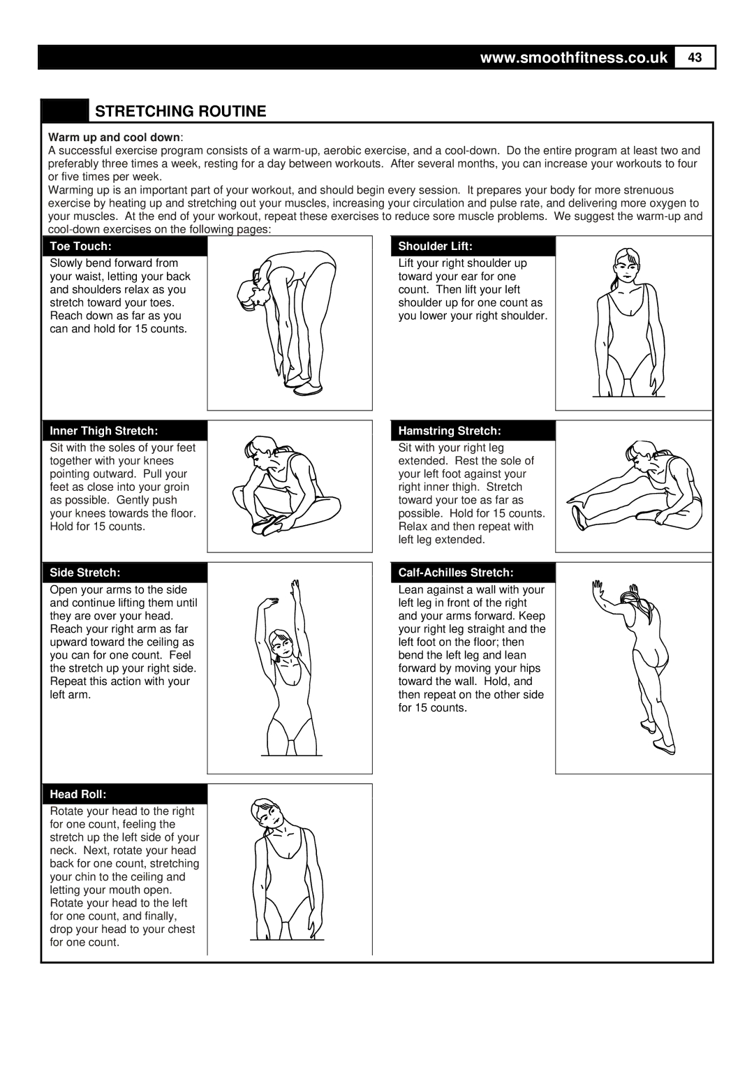 Smooth Fitness Smooth Agile Trainer user manual Stretching Routine, Warm up and cool down 