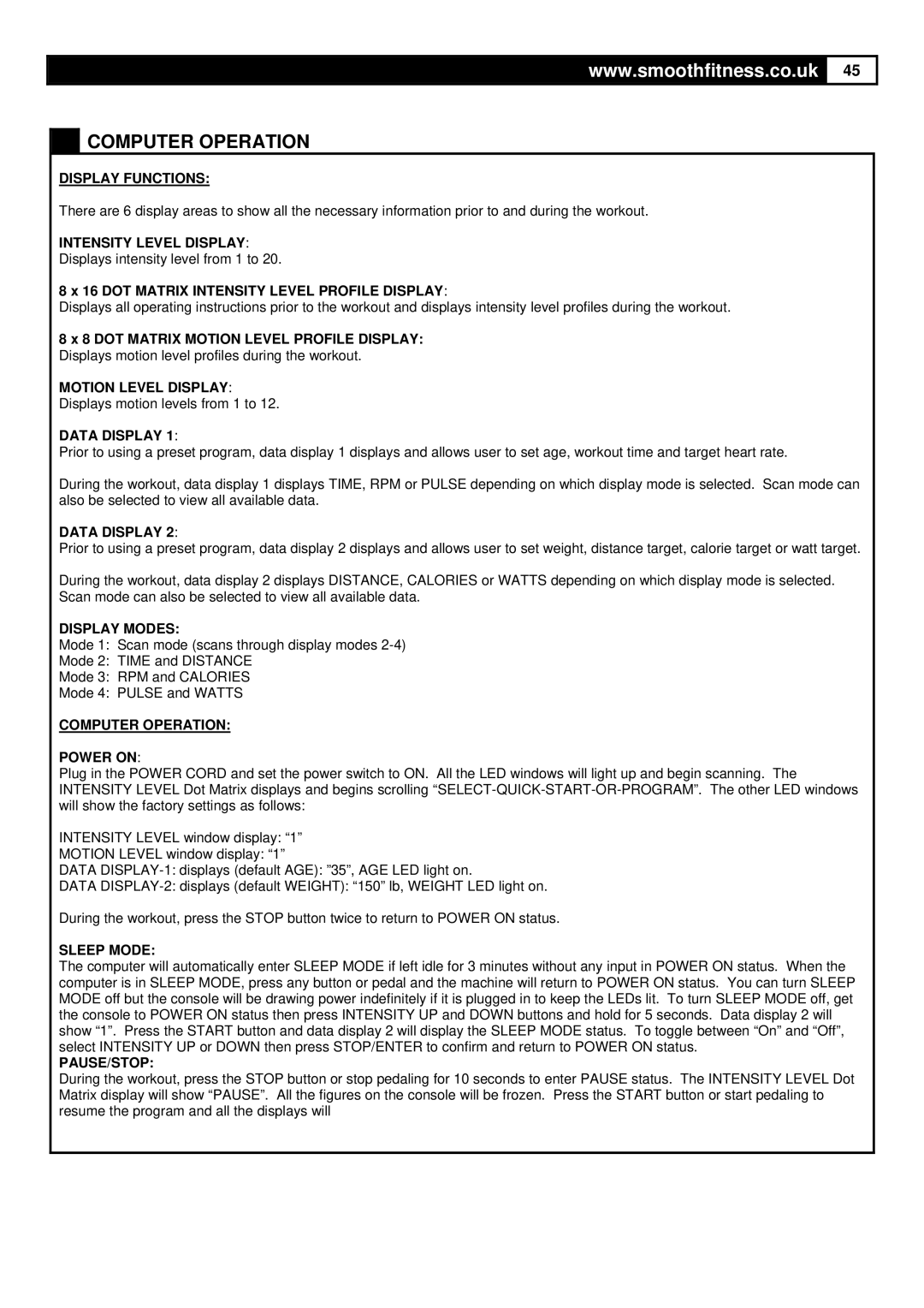 Smooth Fitness Smooth Agile Trainer user manual Display Functions, DOT Matrix Intensity Level Profile Display 