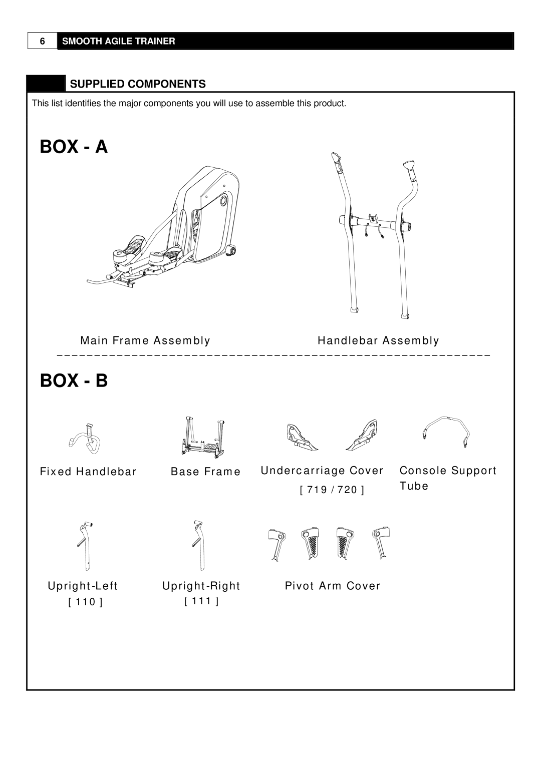 Smooth Fitness Smooth Agile Trainer user manual Box B, Supplied Components 