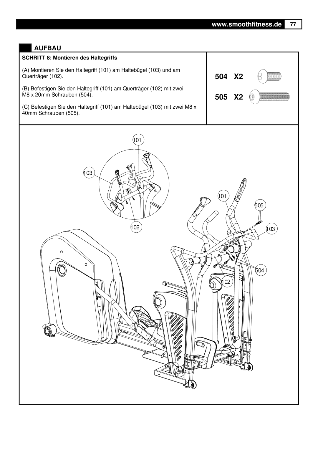 Smooth Fitness Smooth Agile Trainer user manual 504 505, Schritt 8 Montieren des Haltegriffs 