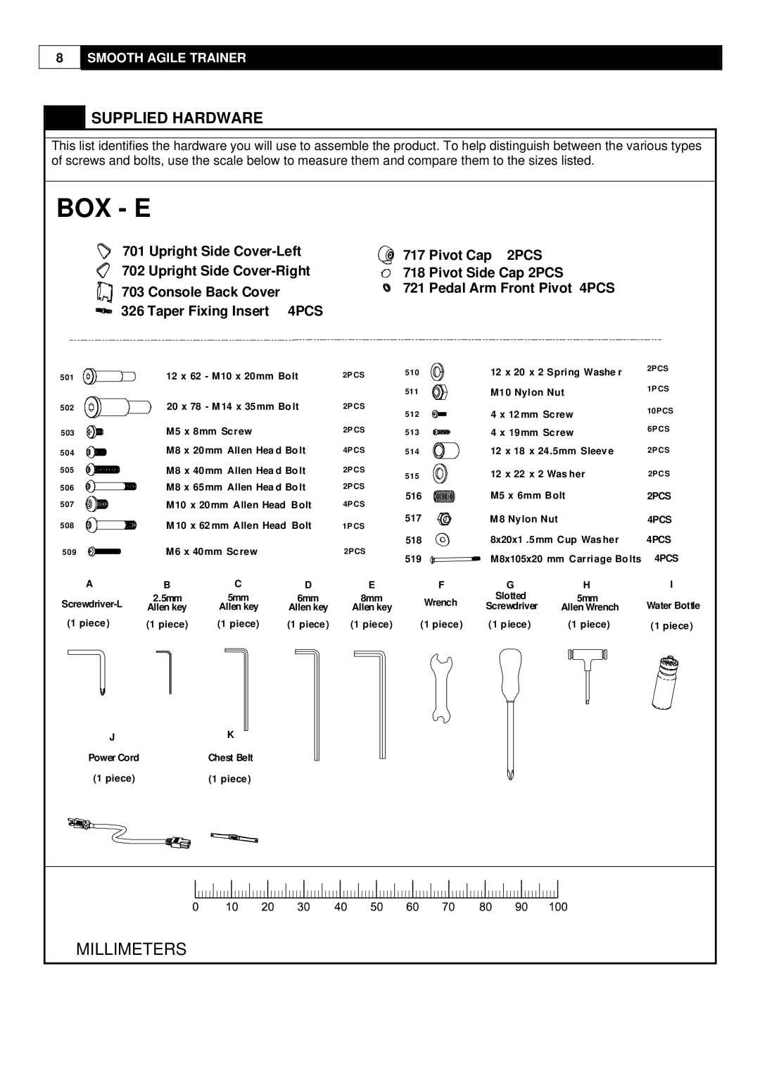 Smooth Fitness Smooth Agile Trainer user manual Box E, Supplied Hardware 