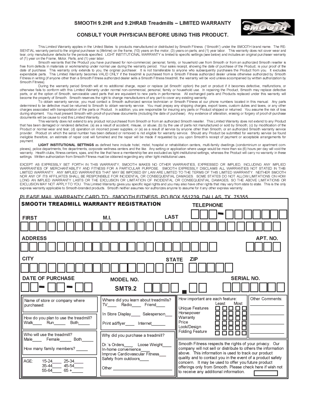 Smooth Fitness SMT9.2HRAB owner manual Consult Your Physician Before Using this Product 