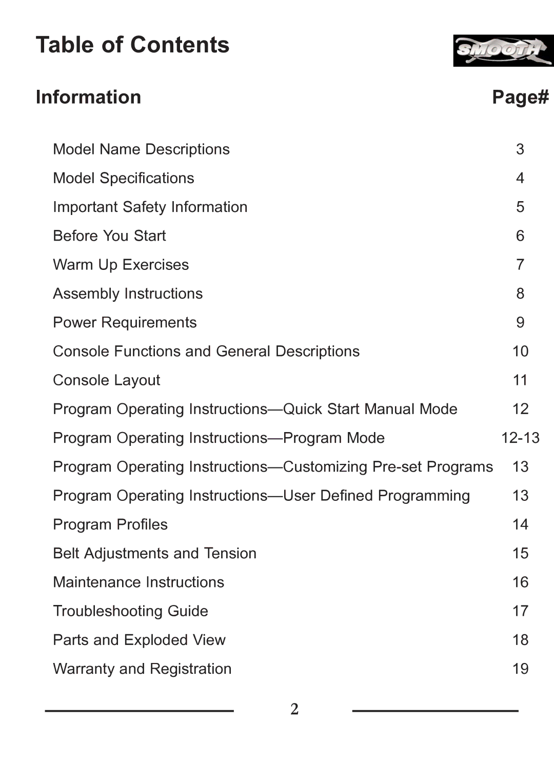 Smooth Fitness SMT9.2P, SMT9.2AB owner manual Table of Contents 