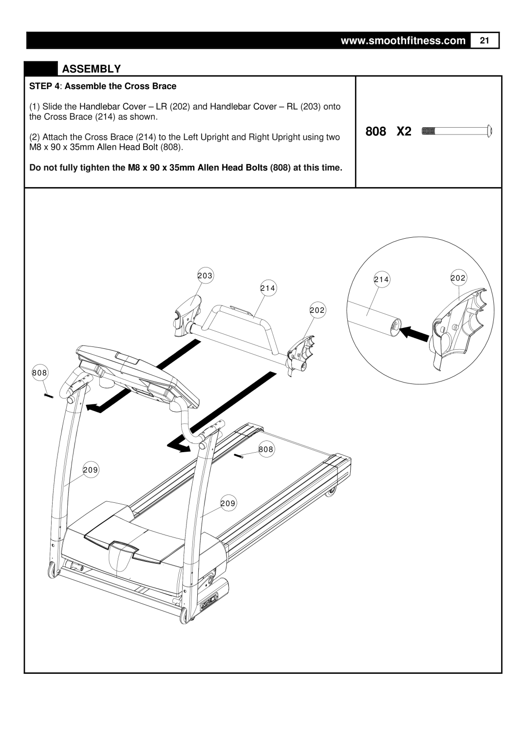 Smooth Fitness 6.45M Motorized Treadmill, ST-MNL-645-SMUS-1 user manual 808, Assemble the Cross Brace 