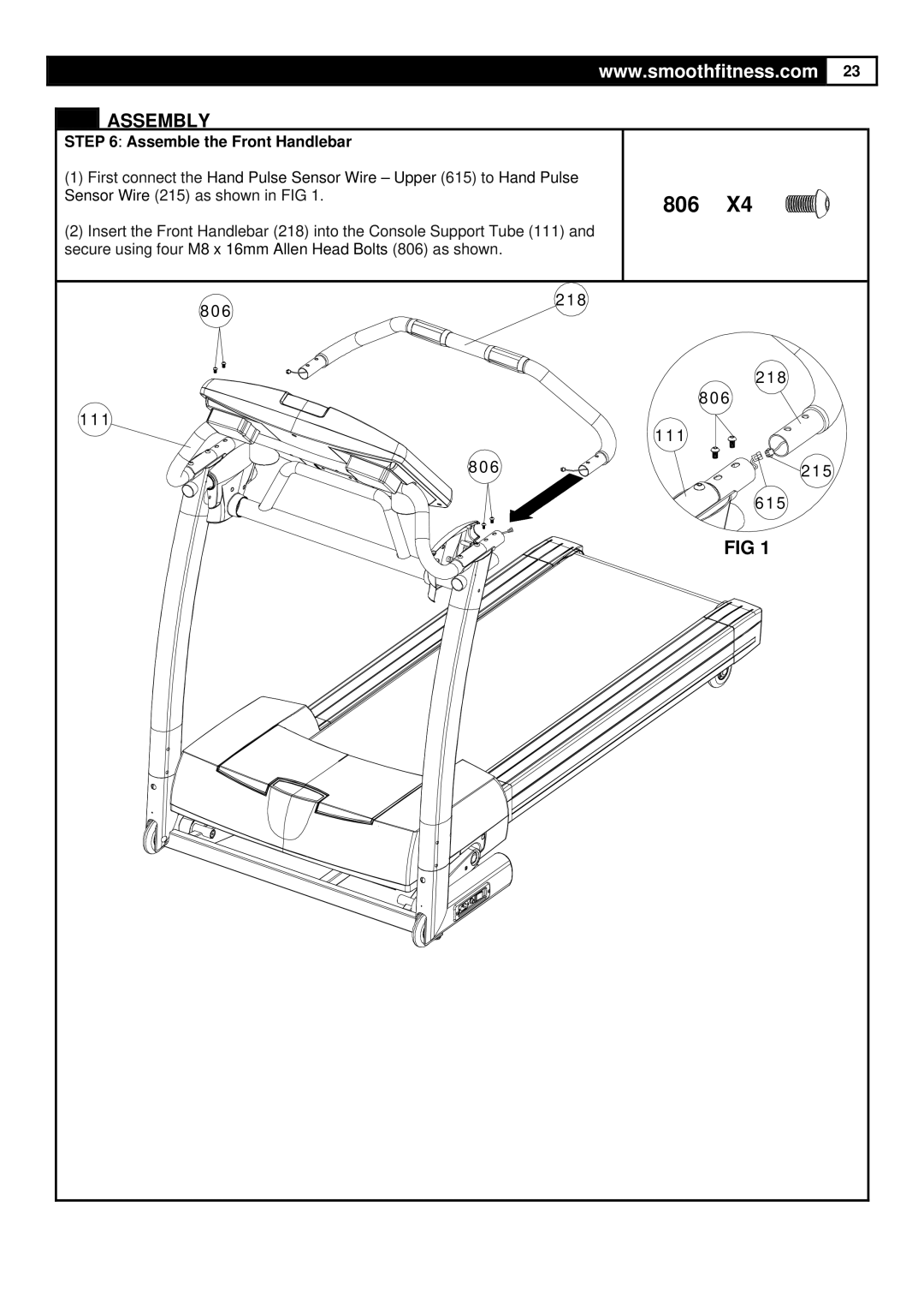 Smooth Fitness 6.45M Motorized Treadmill, ST-MNL-645-SMUS-1 user manual 806, Assemble the Front Handlebar 