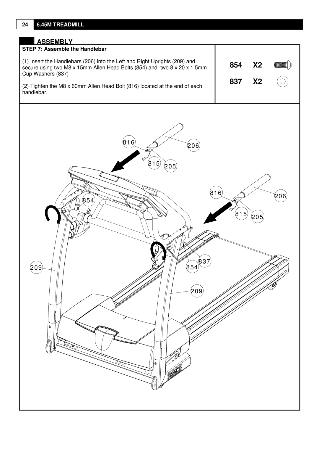 Smooth Fitness ST-MNL-645-SMUS-1, 6.45M Motorized Treadmill user manual 854 837, Assemble the Handlebar 