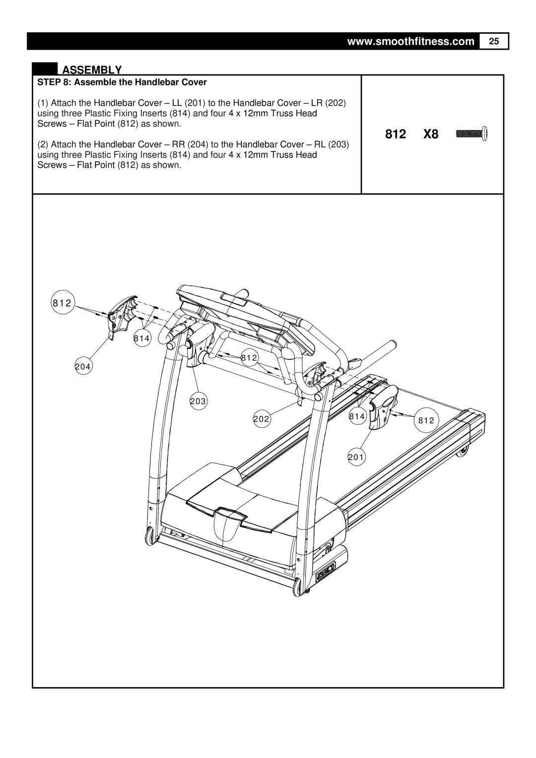 Smooth Fitness 6.45M Motorized Treadmill, ST-MNL-645-SMUS-1 user manual 812, Assemble the Handlebar Cover 