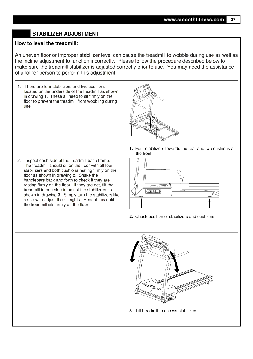 Smooth Fitness 6.45M Motorized Treadmill, ST-MNL-645-SMUS-1 user manual Stabilizer Adjustment, How to level the treadmill 