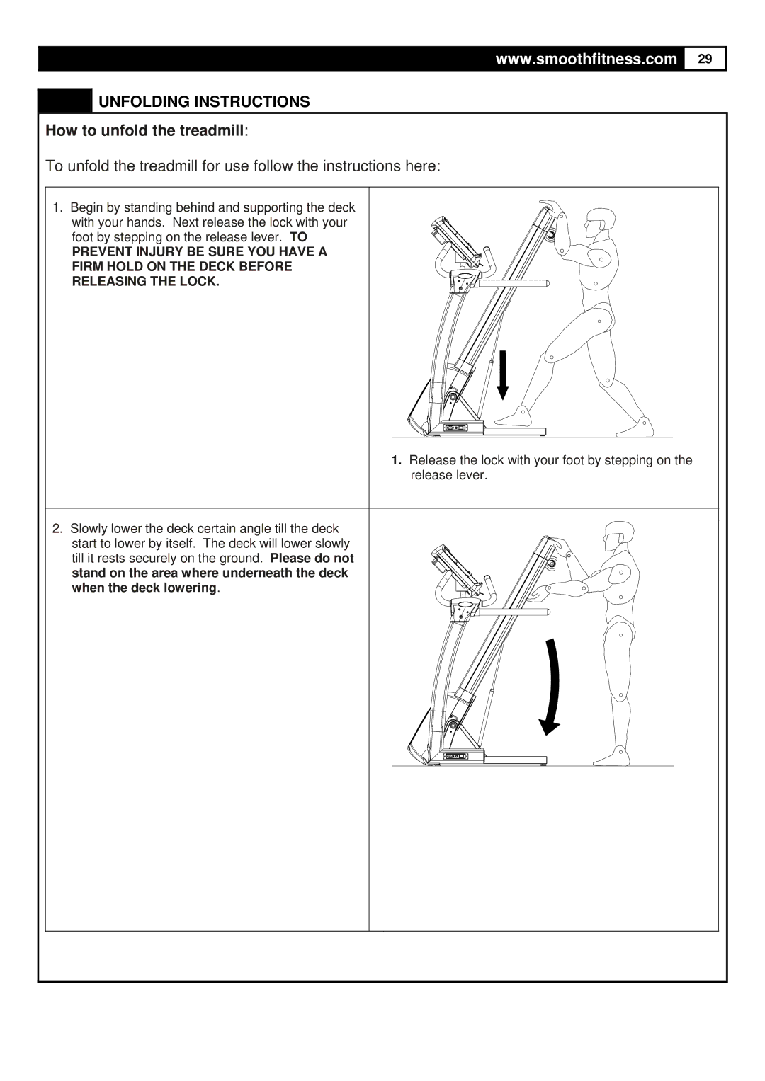 Smooth Fitness 6.45M Motorized Treadmill, ST-MNL-645-SMUS-1 user manual Unfolding Instructions, How to unfold the treadmill 