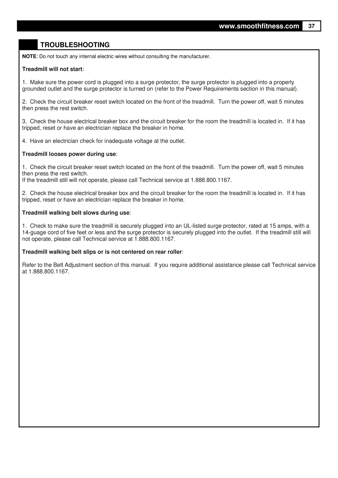 Smooth Fitness 6.45M Motorized Treadmill, ST-MNL-645-SMUS-1 user manual Troubleshooting, Treadmill will not start 