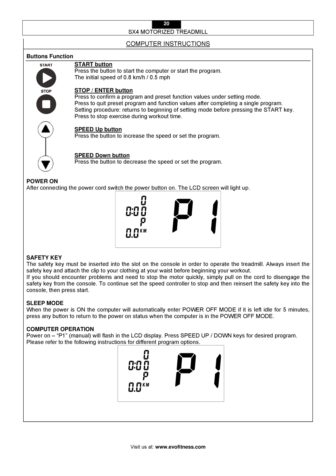 Smooth Fitness SX4 owner manual Buttons Function Start button, Stop / Enter button, Speed Up button, Speed Down button 