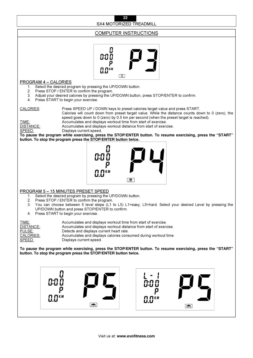 Smooth Fitness SX4 owner manual Program 4 Calories, Program 5 15 Minutes Preset Speed 