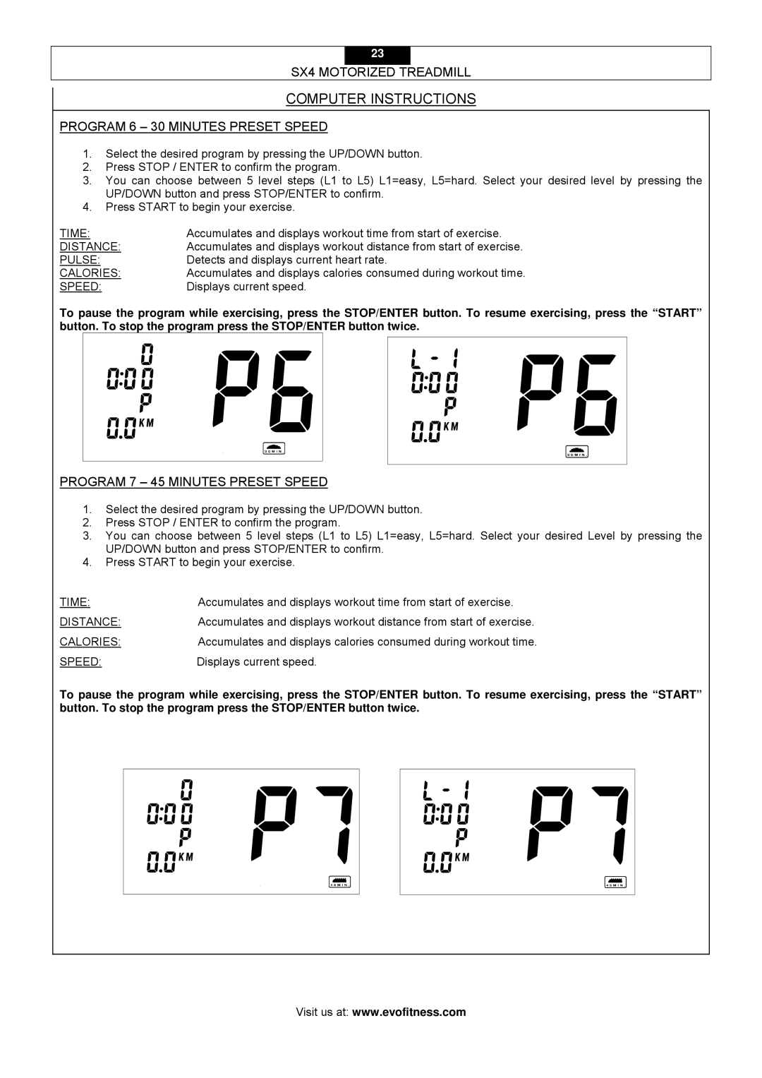 Smooth Fitness SX4 owner manual Program 6 30 Minutes Preset Speed, Program 7 45 Minutes Preset Speed 