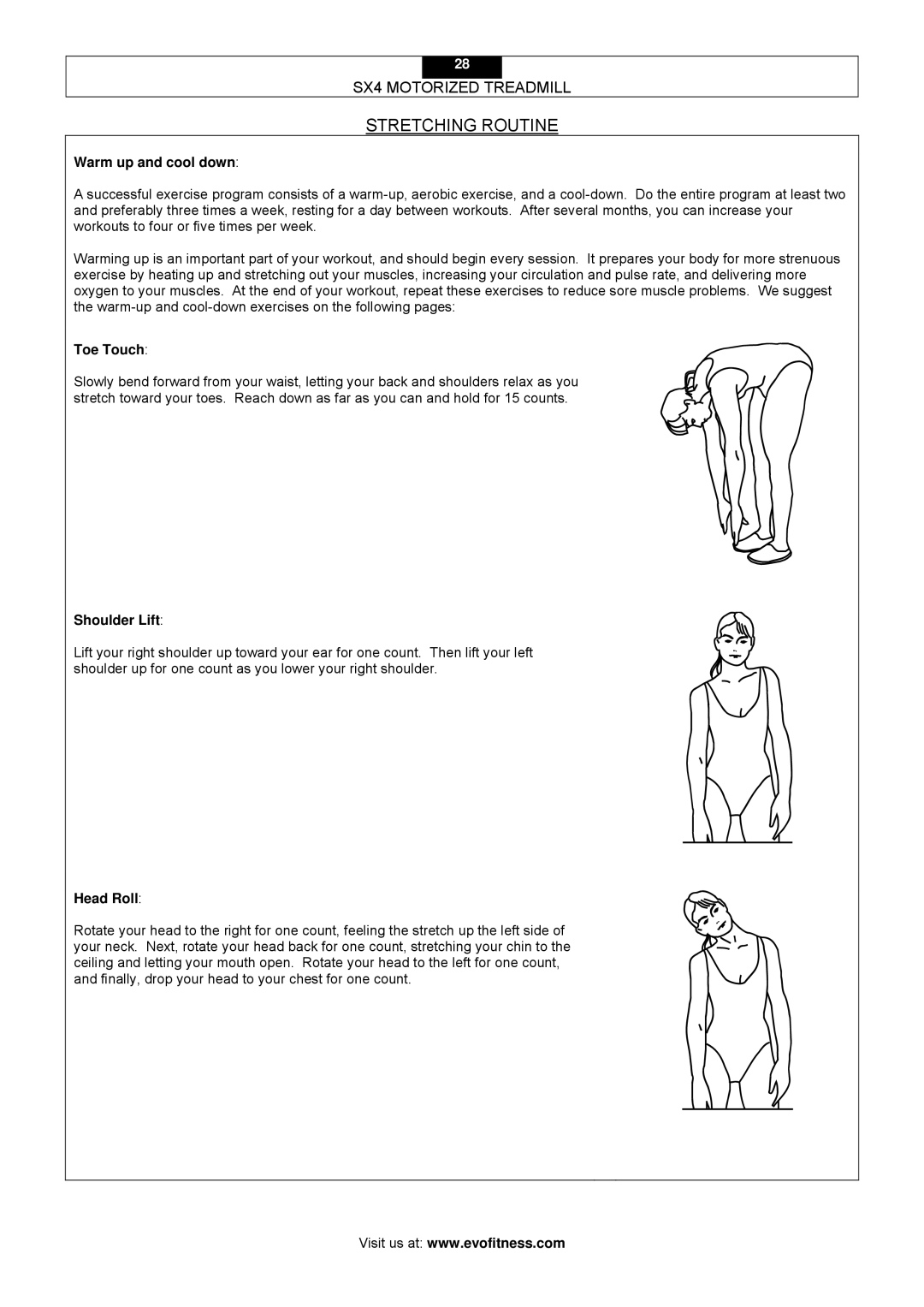 Smooth Fitness SX4 owner manual Stretching Routine, Warm up and cool down, Toe Touch, Shoulder Lift, Head Roll 