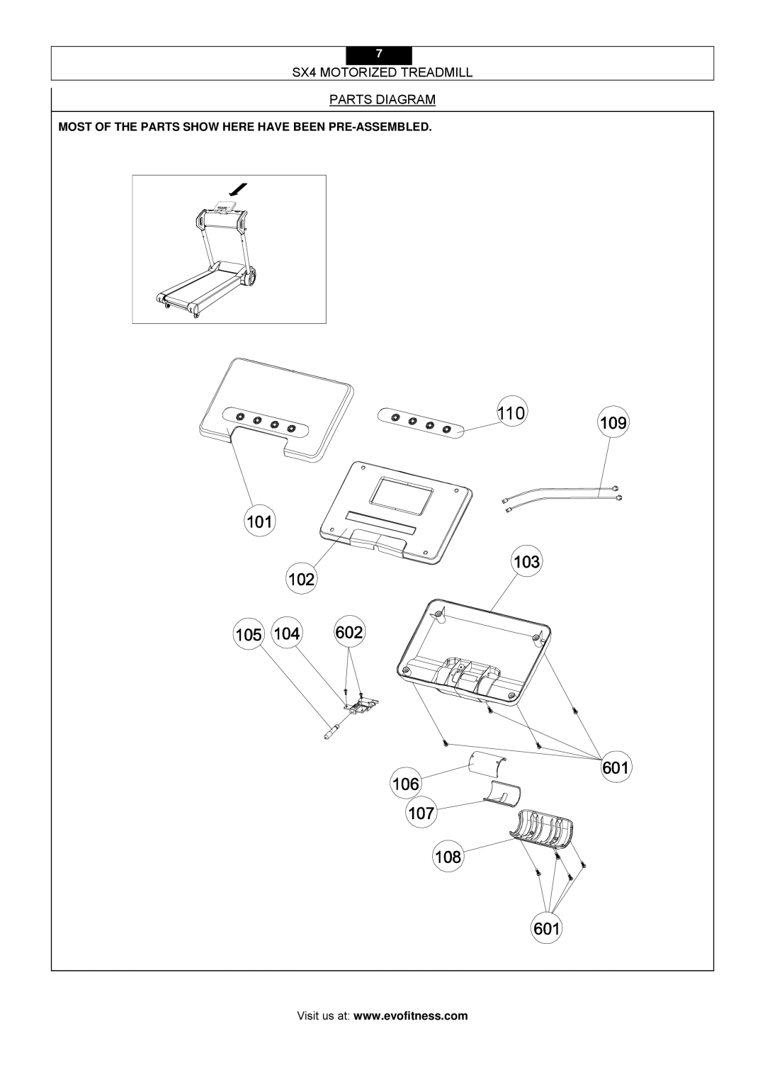 Smooth Fitness owner manual 110, SX4 Motorized Treadmill Parts Diagram 