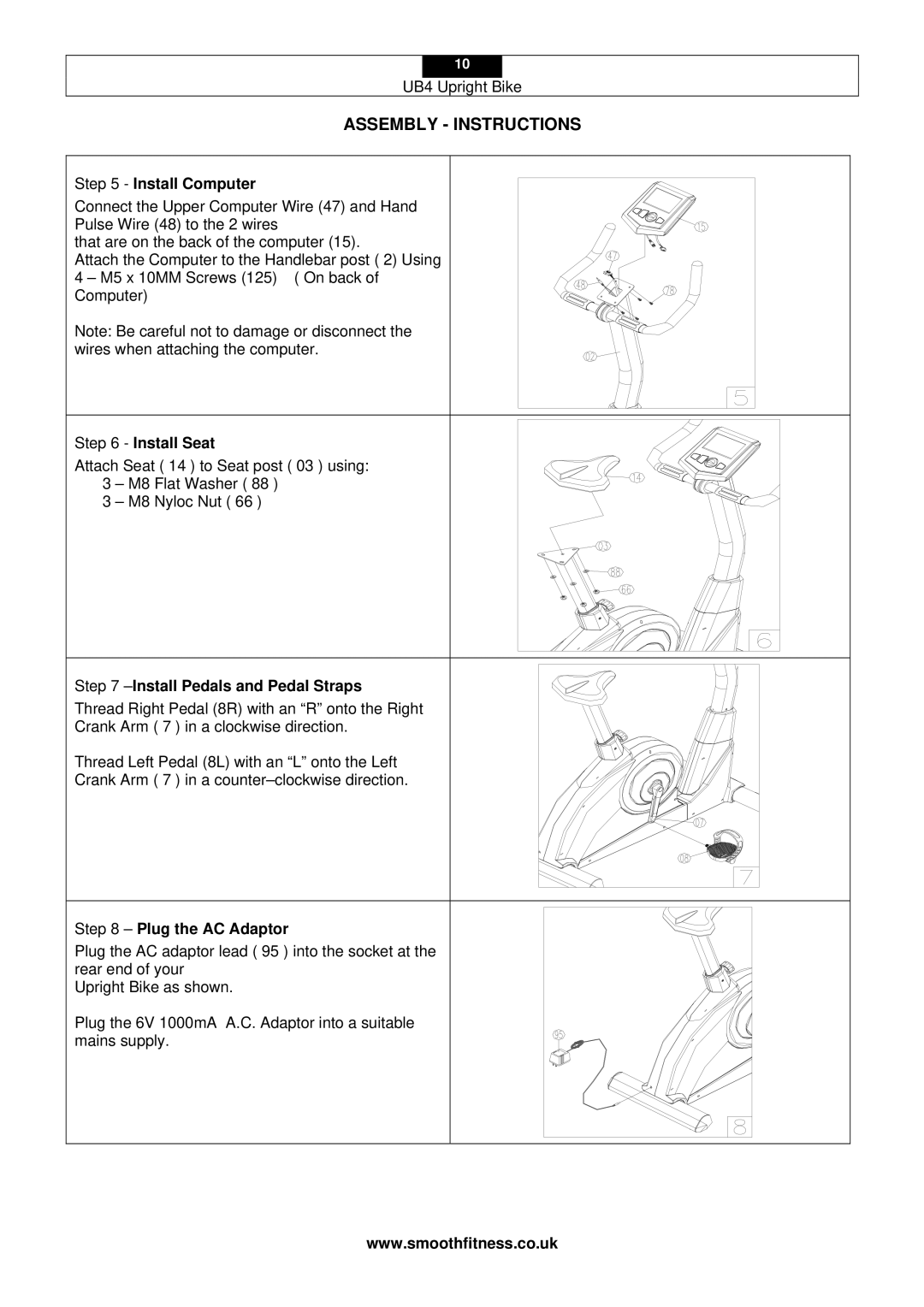 Smooth Fitness UB4 user manual Install Computer, Install Seat, Install Pedals and Pedal Straps, Plug the AC Adaptor 