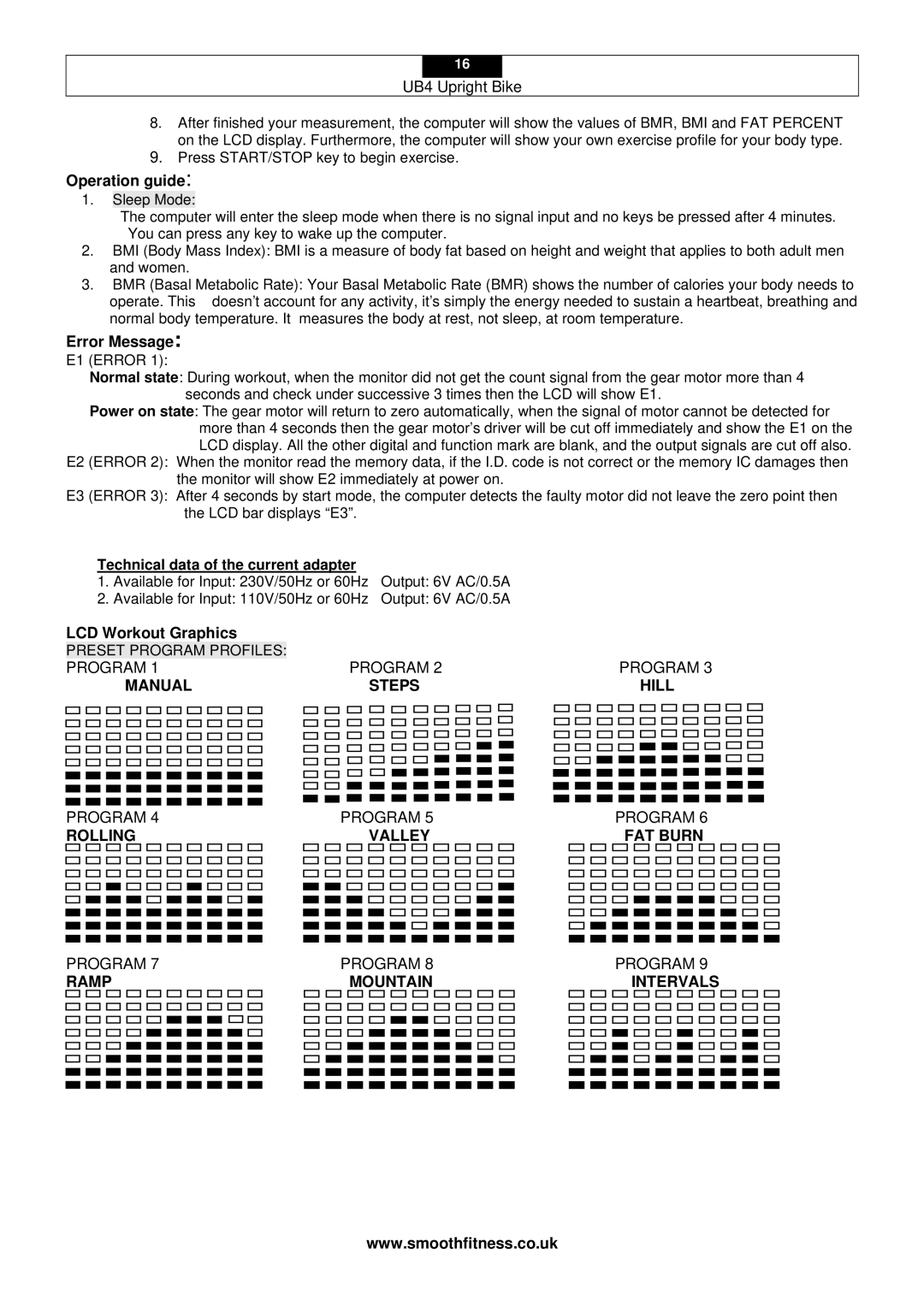 Smooth Fitness UB4 user manual Operation guide, Error Message, Technical data of the current adapter, LCD Workout Graphics 